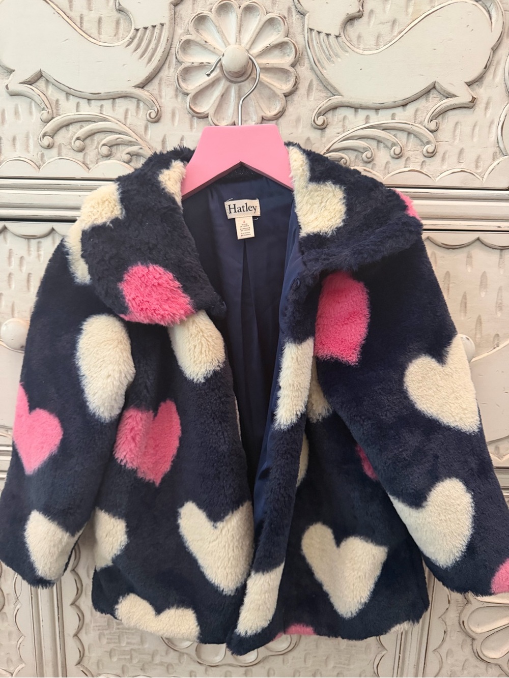 Hatley Navy Faux-Fur Heart Coat with Pink & Cream Accents - Kids